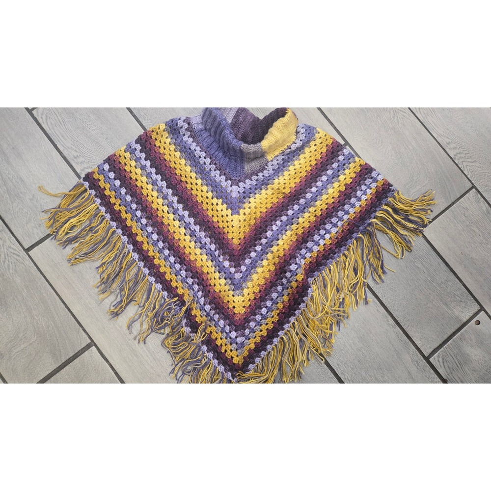 Handmade Crochet Poncho Kids Purple Yellow Striped Granny Square Fringe Cape